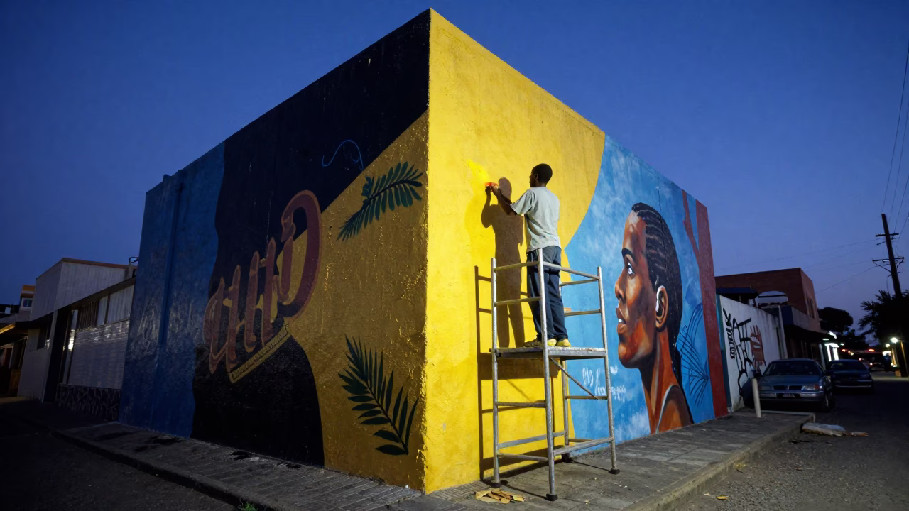 Durban street mural artist painting vibrant wall art in indigo twilight in in Durban, South Africa
