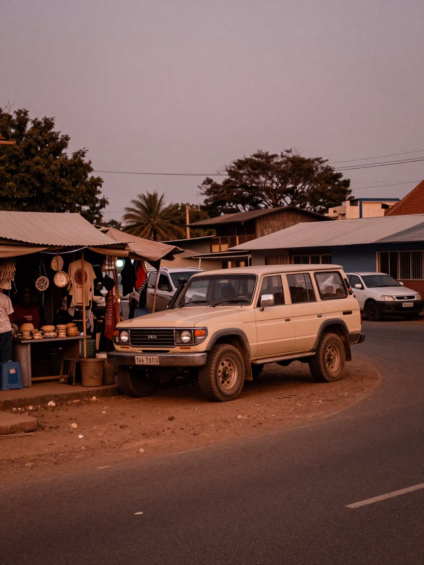 Durban street scene at dusk with vintage SUV and coffee cherries in in Durban, South Africa