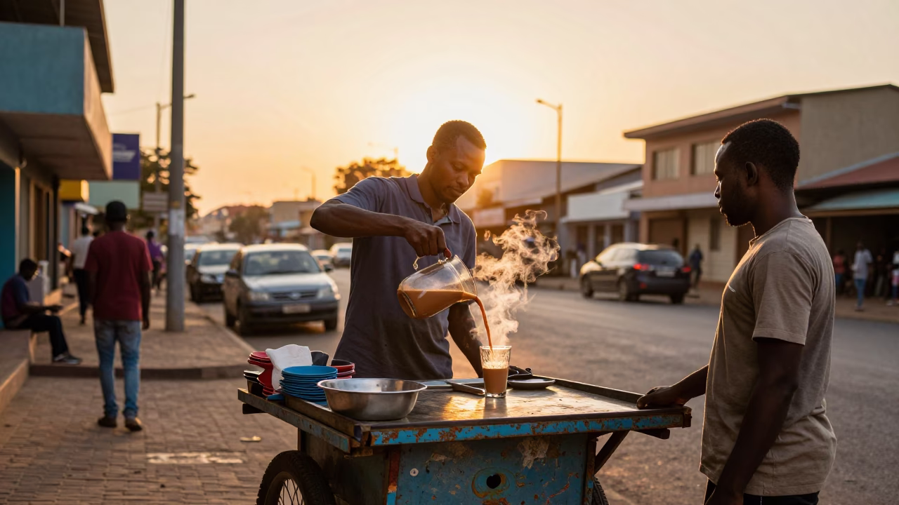 Durban street scene at sunset with chai vendor and tropical flowering vine in in Durban, South Africa