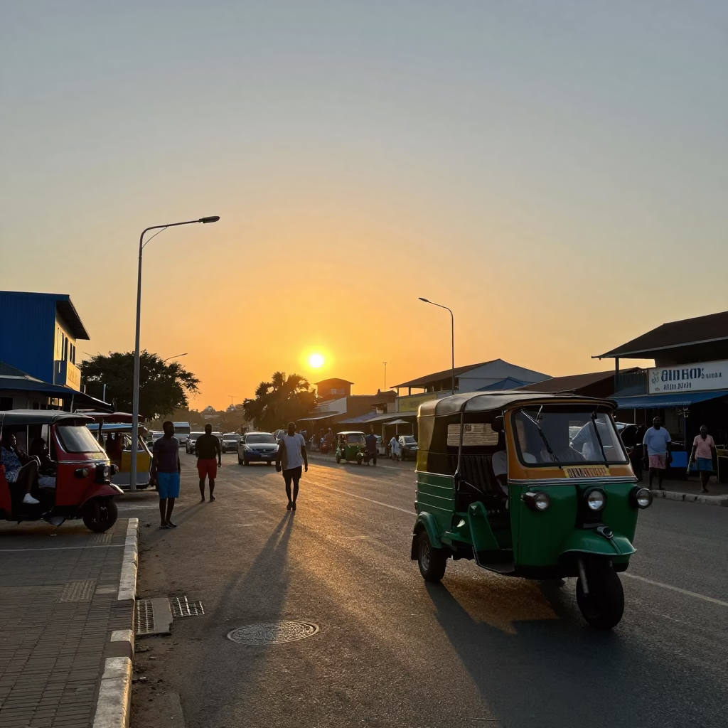 Durban Street Scene at Sunset with Tuk-Tuk and Local Market Activity in in Durban, South Africa