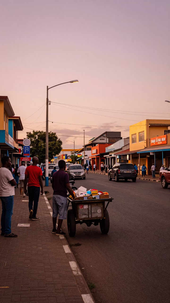 Durban Street Scene in Copper-Toned Dusk Light with Local Market Activity in in Durban, South Africa