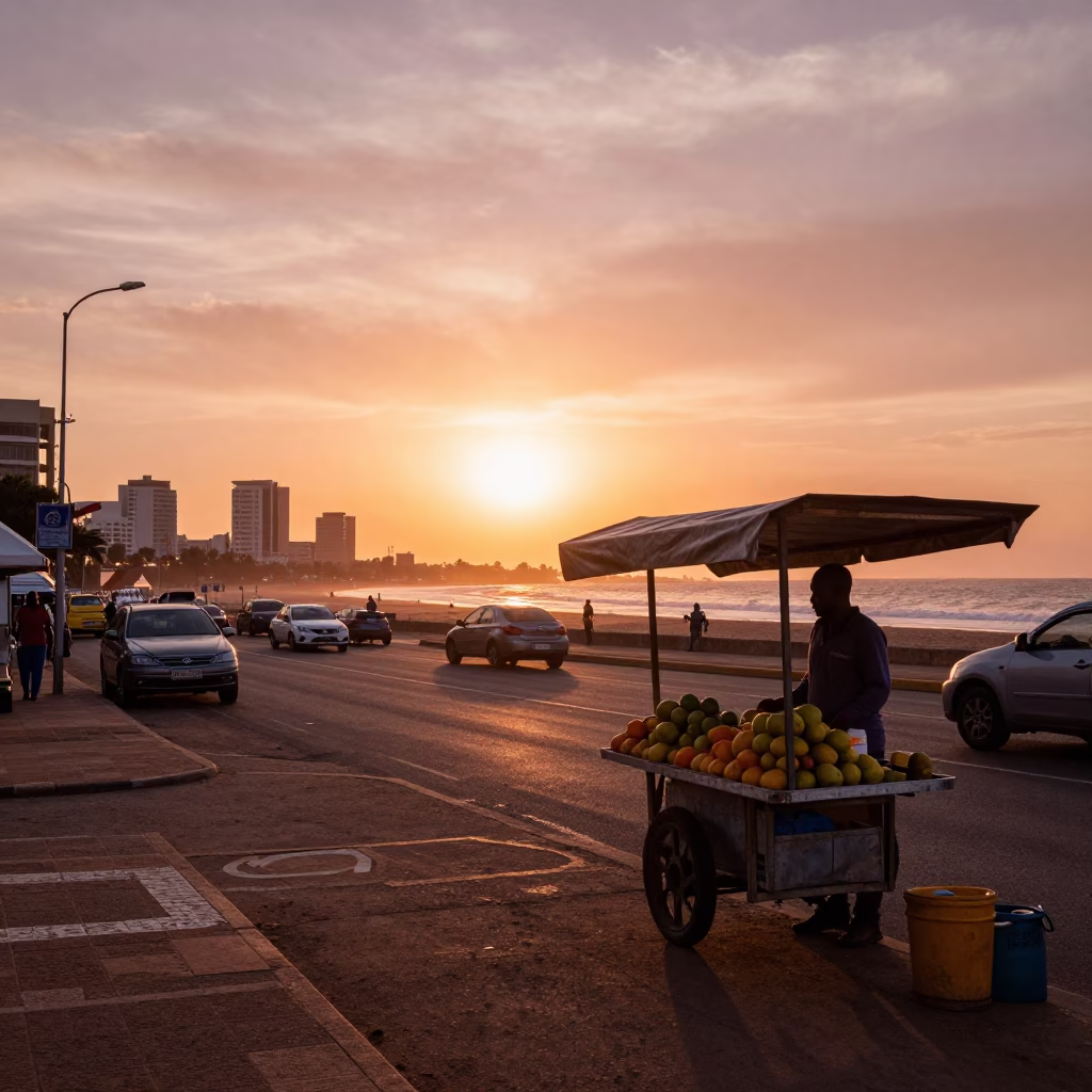 Durban Street Scene in Copper Toned Light Before Dusk with Local Market Details in in Durban, South Africa