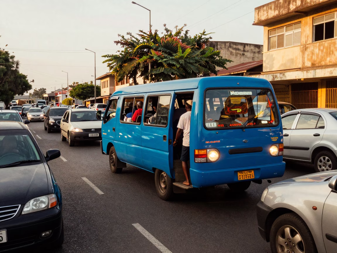 Durban Street Scene Late Afternoon Matatu Weaving Through Traffic in in Durban, South Africa