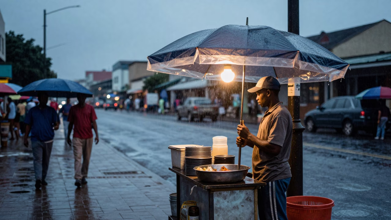Durban Street Stall Vendor Managing Umbrellas During Light Rain at Dusk in in Durban, South Africa