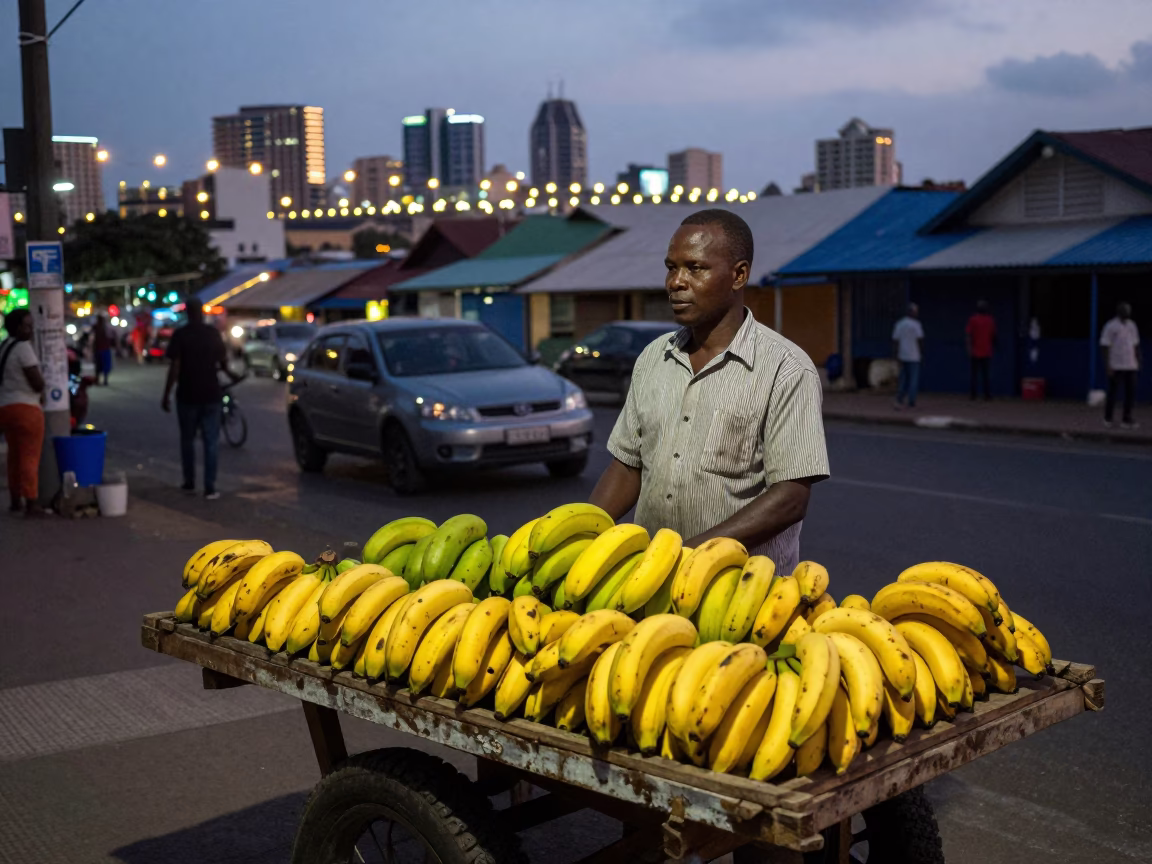 Durban Street Vendor at Dusk with Fruit and Local Interaction in in Durban, South Africa