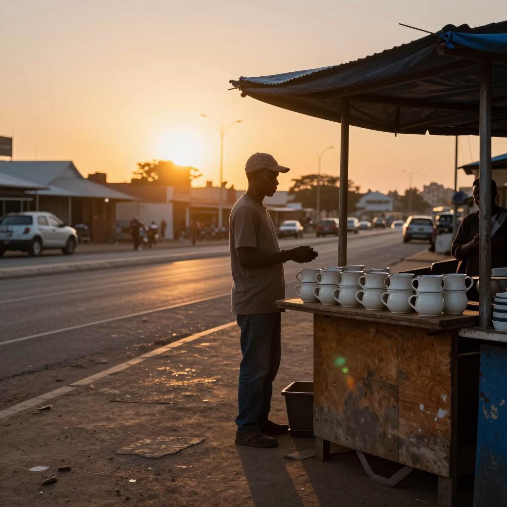 Durban street vendor at sunset with ceramic mugs and ivy vines in in Durban, South Africa