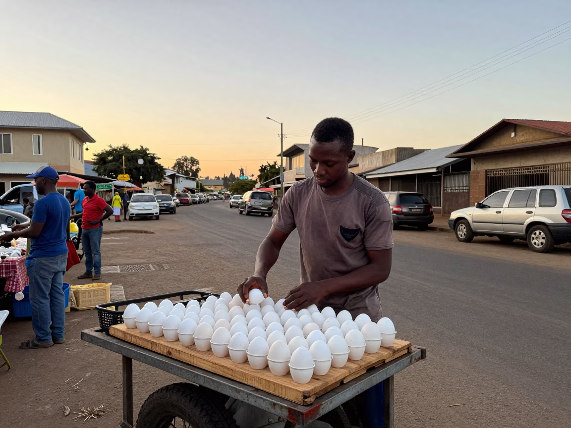 Durban Street Vendor Dawn Market Scene with Eggs and Pigeons in in Durban, South Africa