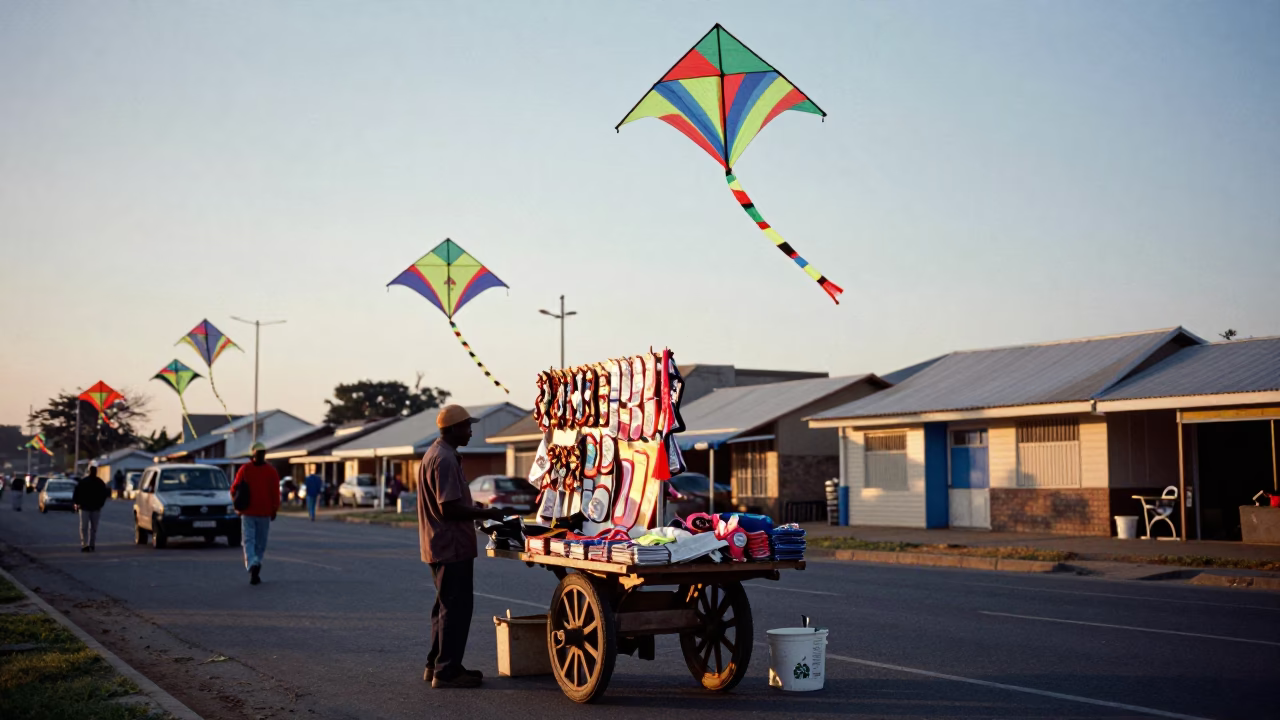 Durban Street Vendor Early Morning Sales with Kite Festival Banners in in Durban, South Africa