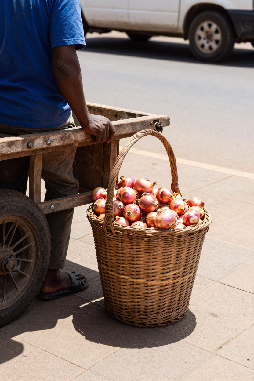 Durban street vendor midday sales fresh onions wicker basket shadow in in Durban, South Africa