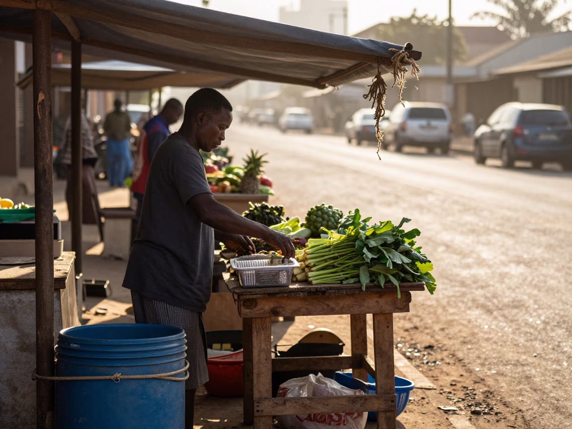 Durban Street Vendor Morning Light and Frayed Rope on Wooden Stall in in Durban, South Africa