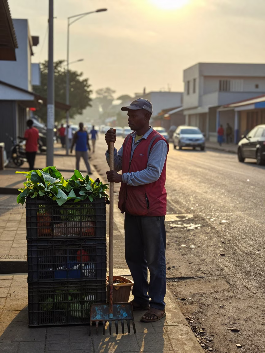 Durban Street Vendor Morning Sunrise with Garden Rake and Zinnias in in Durban, South Africa