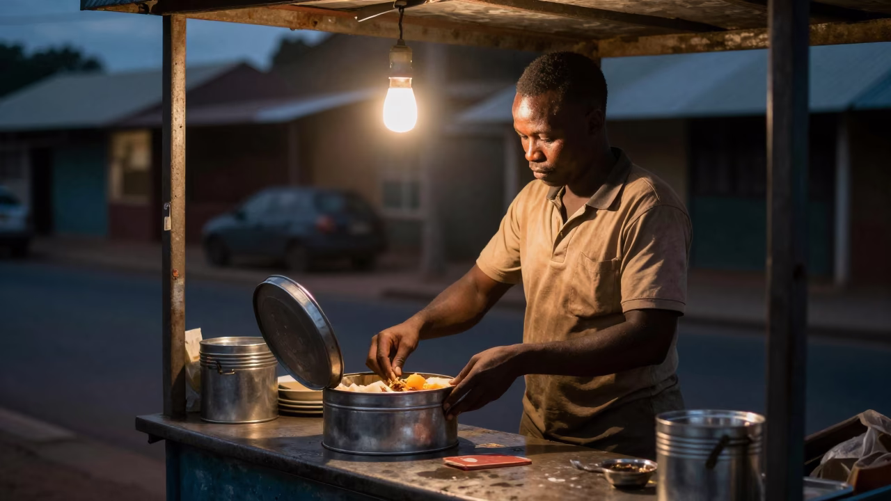 Durban Street Vendor Predawn Morning with Tiffin Tin and Sugar Bowl in in Durban, South Africa