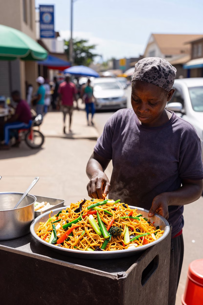 Durban Street Vendor Serving Japchae in Bright Midmorning Light with Glass Noodles and Mug in in Durban, South Africa