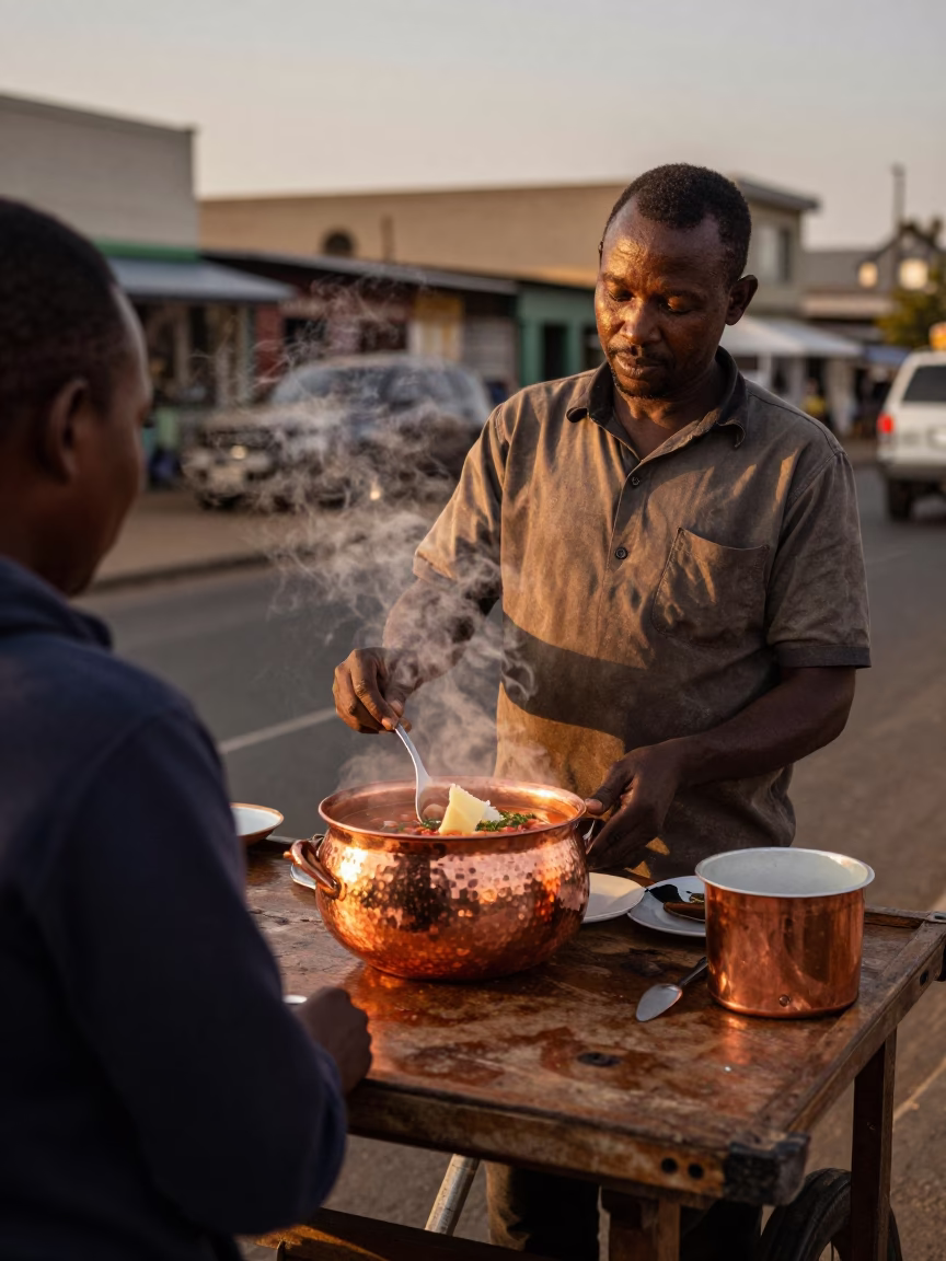 Durban Street Vendor Serving Minestrone Soup in Copper Dusk Light in in Durban, South Africa