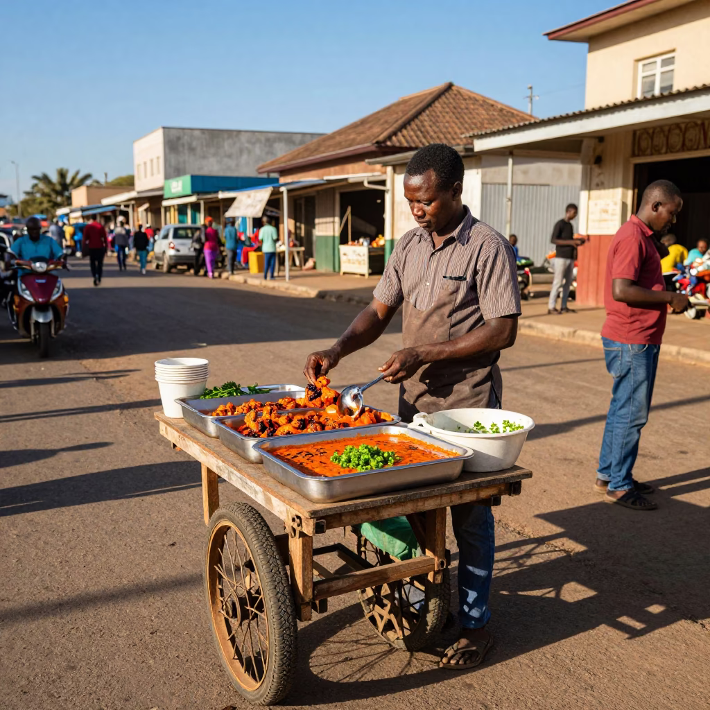 Durban Street Vendor Serving Spicy Chicken Tikka Masala in Late Afternoon Light in in Durban, South Africa