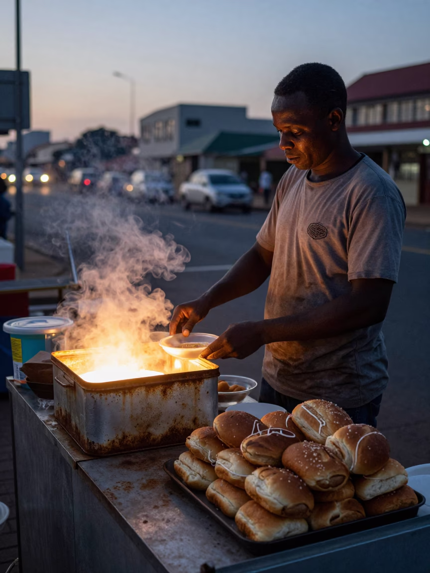 Durban street vendors preparing breakfast before dawn with glass tumblers and biscuits in in Durban, South Africa