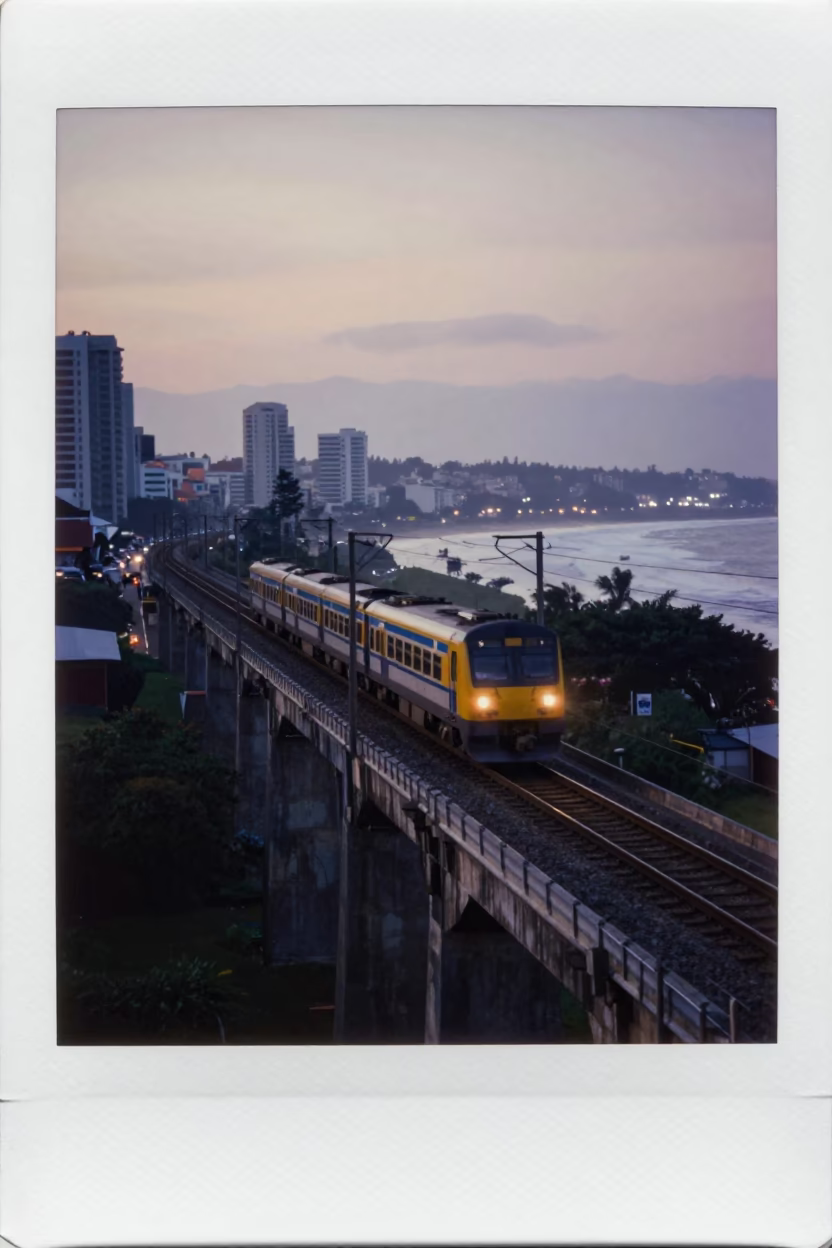Durban Sunrise Railway Viaduct with Passing Train and Coastal Morning Light in in Durban, South Africa