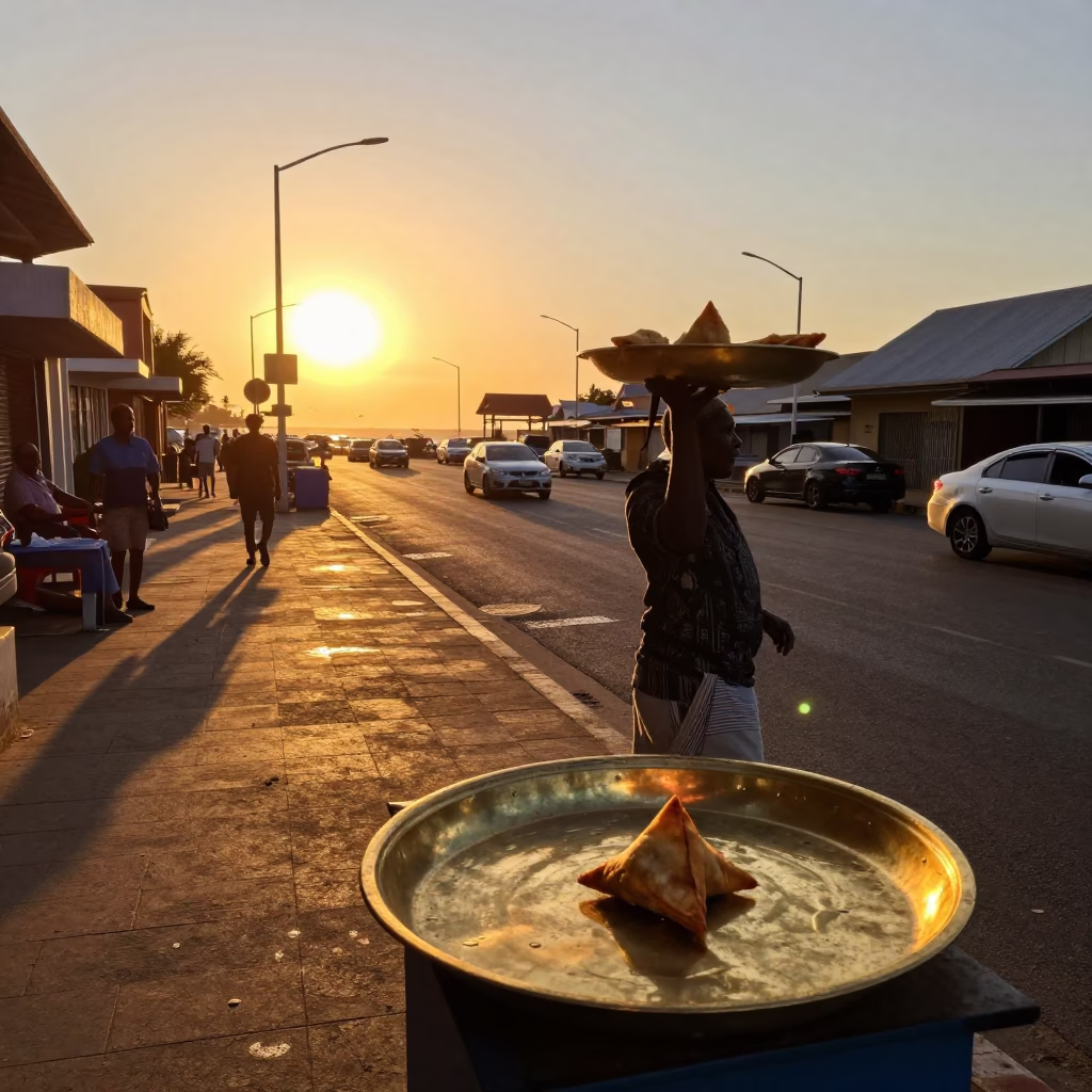 Durban Sunset Street Scene with Brass Plate and Samosas at Golden Hour in in Durban, South Africa