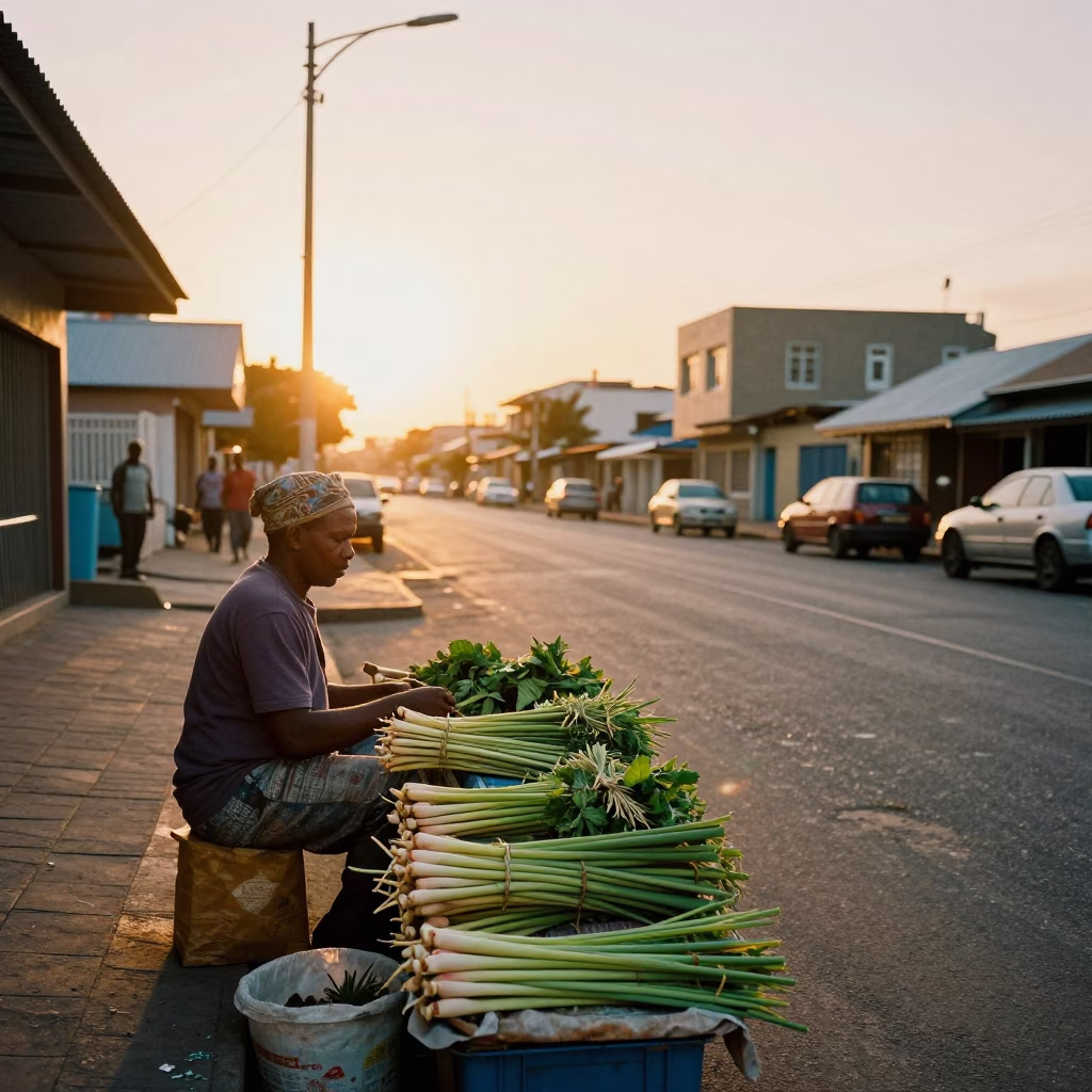 Durban Sunset Street Scene with Local Vendor and Urban Architecture in in Durban, South Africa