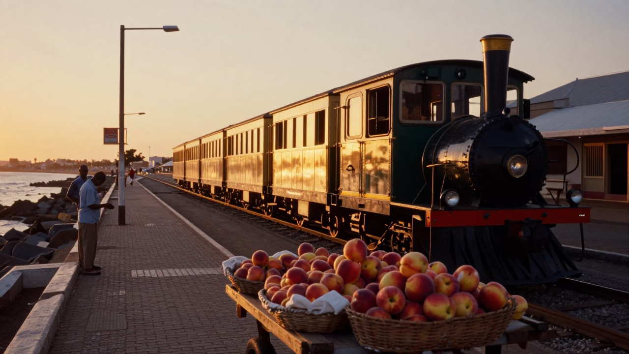 Durban sunset street scene with narrow gauge train and local vendors in in Durban, South Africa