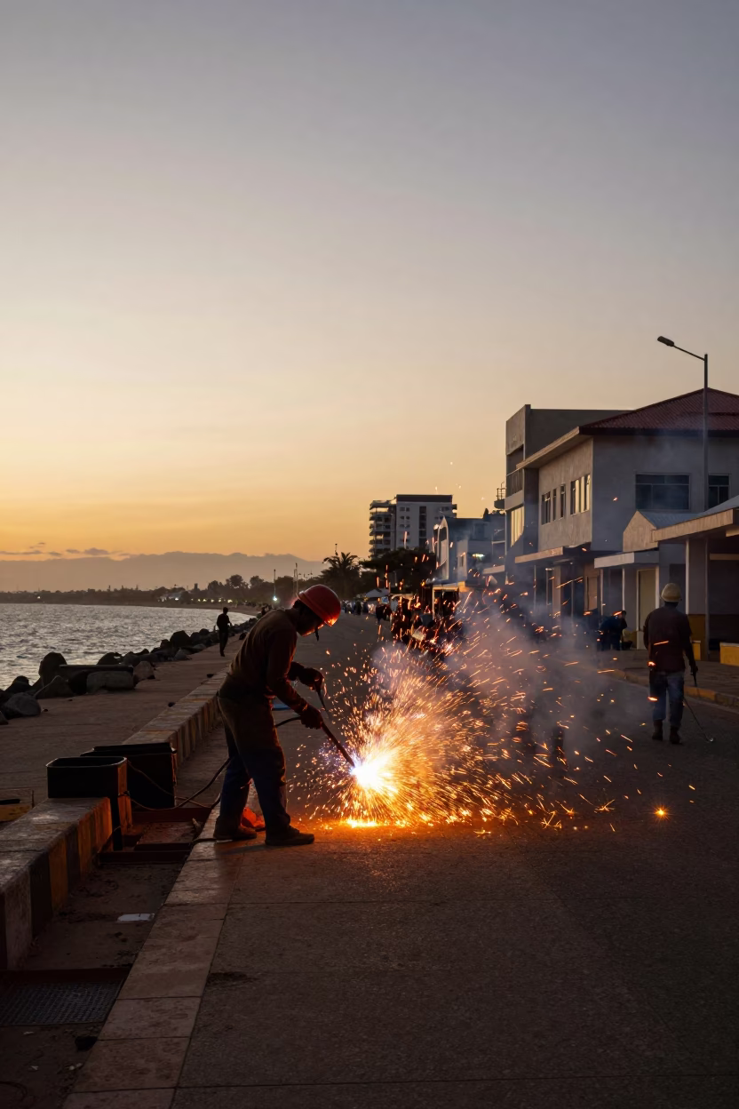 Durban Sunset Street Scene with Welding Sparks and Local Life in in Durban, South Africa