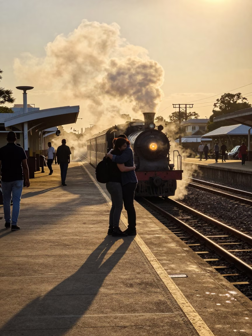 Durban Sunset Train Platform Farewell Embraces with Steam and Bougainvillea in in Durban, South Africa