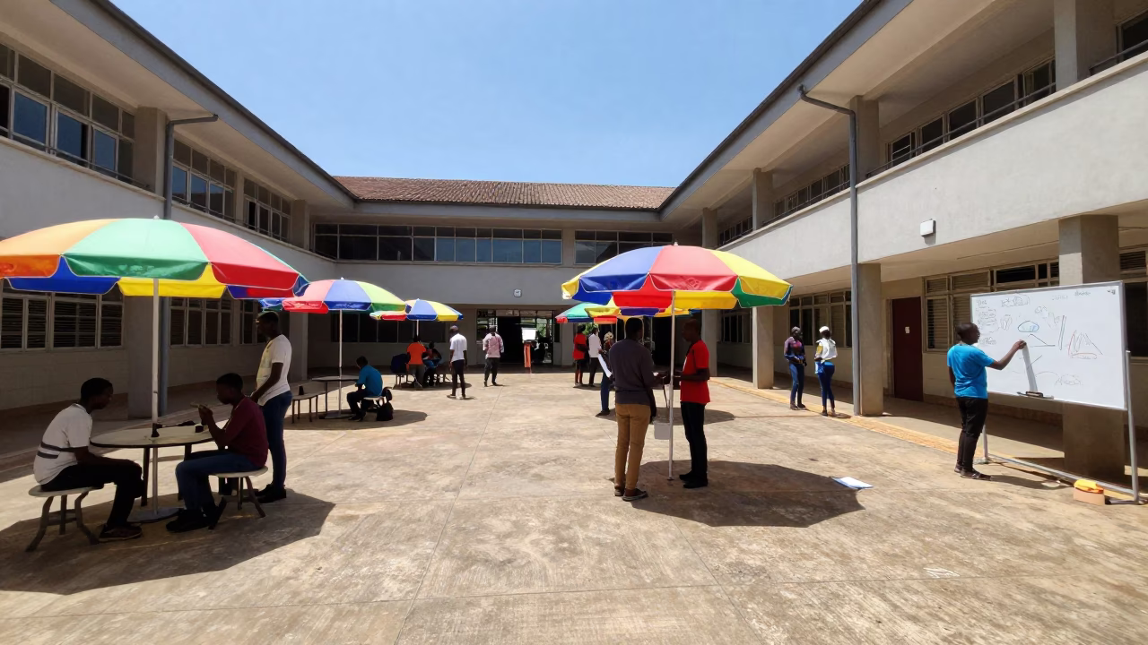 Durban University Courtyard Midday Umbrellas and Whiteboard Annotations in in Durban, South Africa