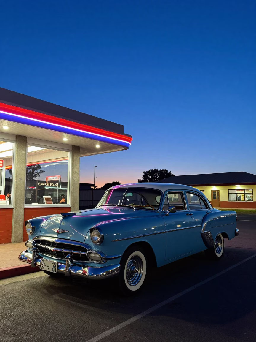 Durban Vintage Car at Indigo Twilight After Sunset in in Durban, South Africa