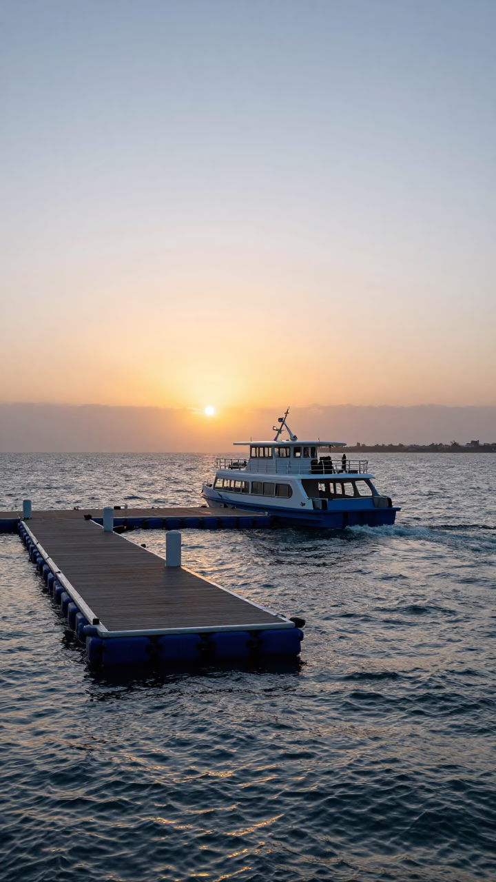 Durban Water Taxi at Floating Dock During Sunset in South Africa Coastal City in in Durban, South Africa