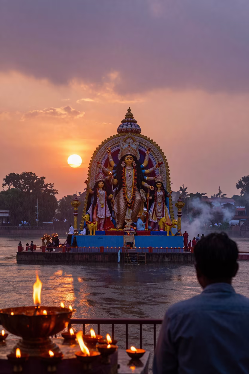 Durga Pandal Firelight Mehrauli Waterfront Late Summer in at a waterfront celebration in Mehrauli, Delhi