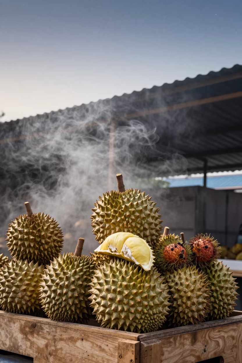 Durian and Rambutan Market Sky in under a market canopy in Jinan