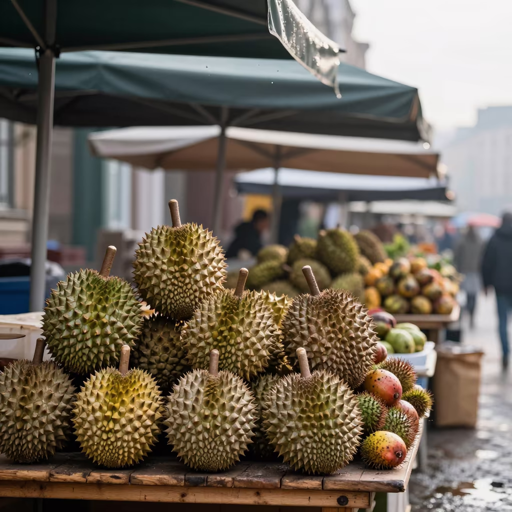 Durians and Rambutans at Moscow Market Morning in under a market canopy in Moscow