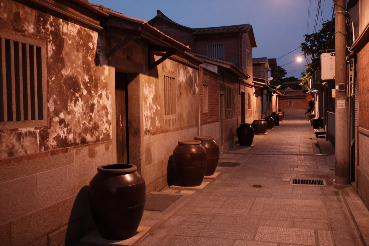 Dusk Alleyway in Tainan at Copper-toned Light Before Dusk in in Tainan, Taiwan