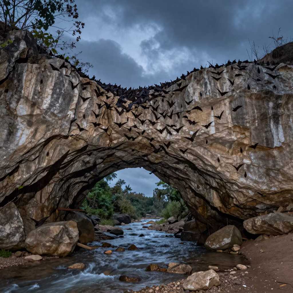 Dusk Bat Swarm Emerging Cave Entrance Twilight in above a glacial stream near Santo Domingo