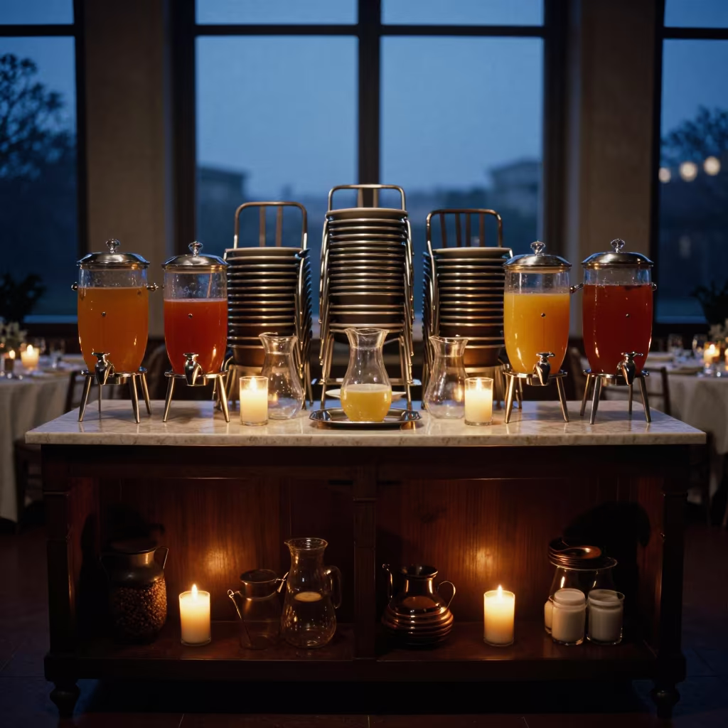 Dusk Breakfast Station Barcelona Banquet Hall in inside a banquet hall before service near Poblenou, Barcelona