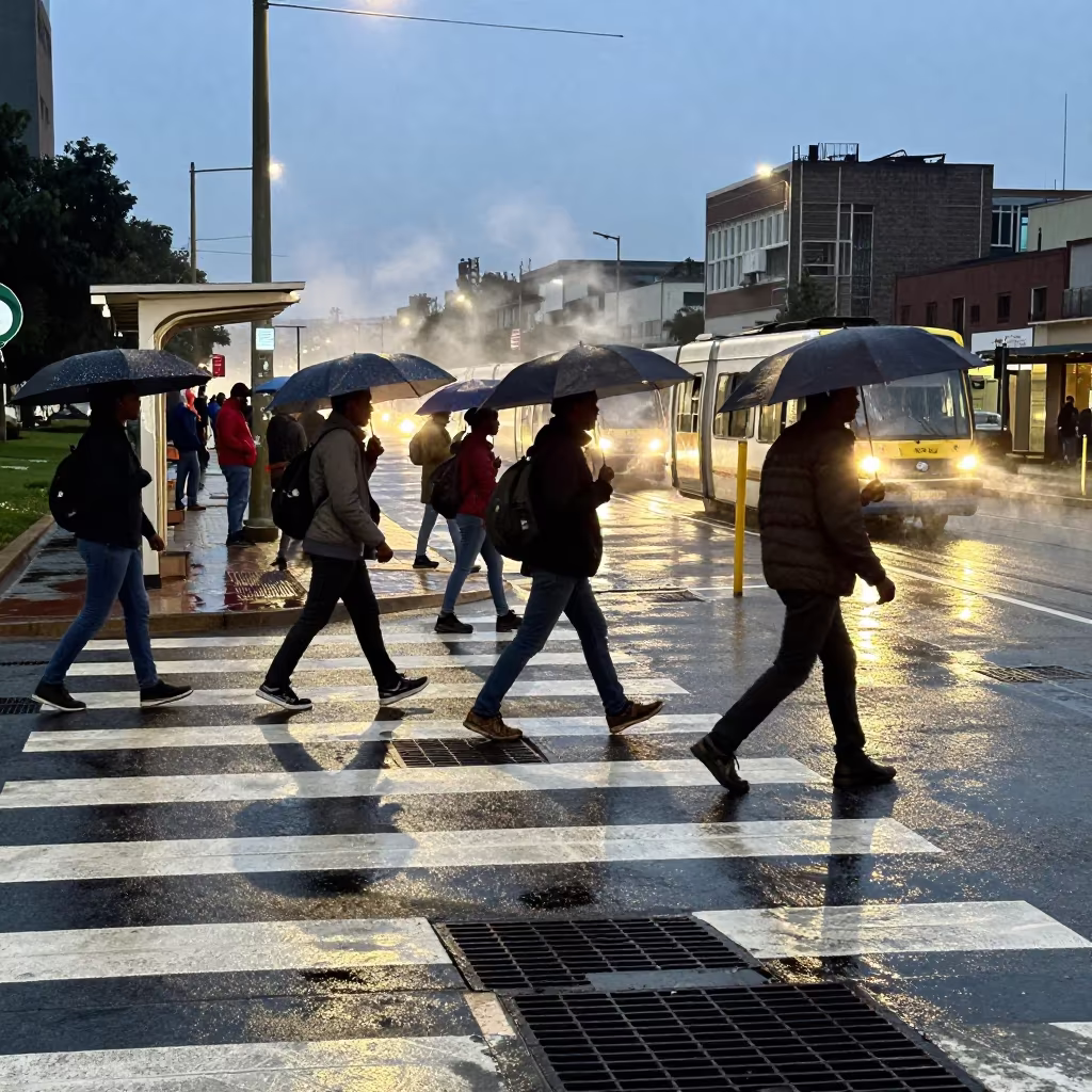 Dusk Commuters Cross Wet Owerri Tram Stop in at a tram stop in Owerri