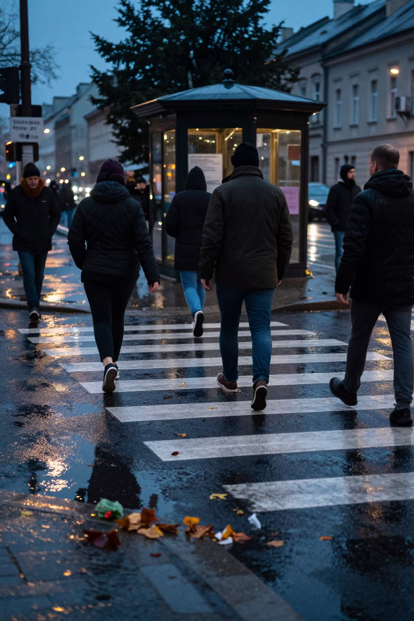 Dusk commuters dodge puddles on rain-soaked Kielce crosswalk in by a rain-darkened kiosk in Kielce
