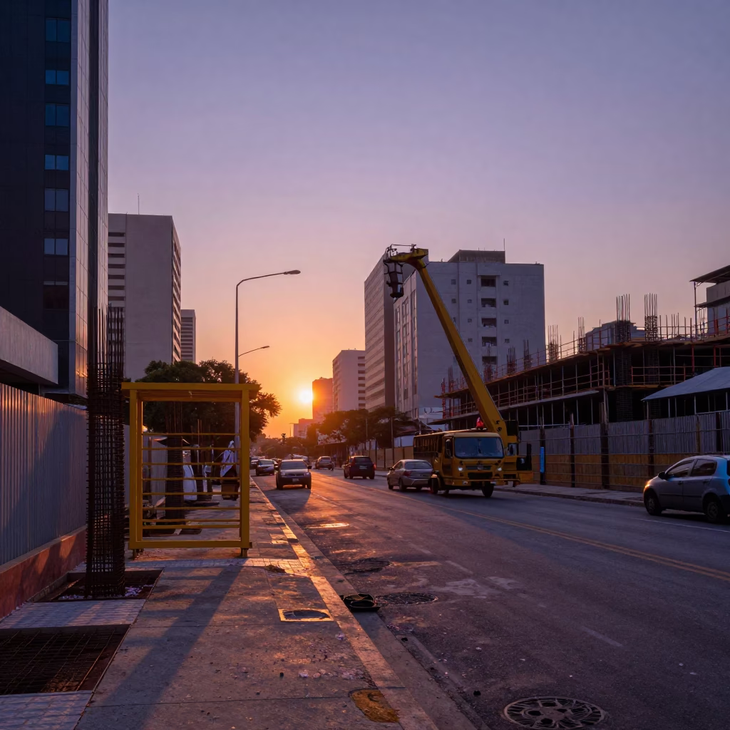 Dusk Construction Site in São Paulo Brazil with Falling Petals and Rebar Bundles in in São Paulo, Brazil