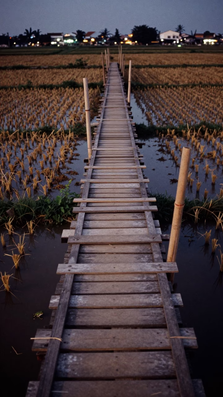 Dusk Footbridge Over Rice Paddy Water in across a harvested grain field near District 1, Ho Chi Minh City