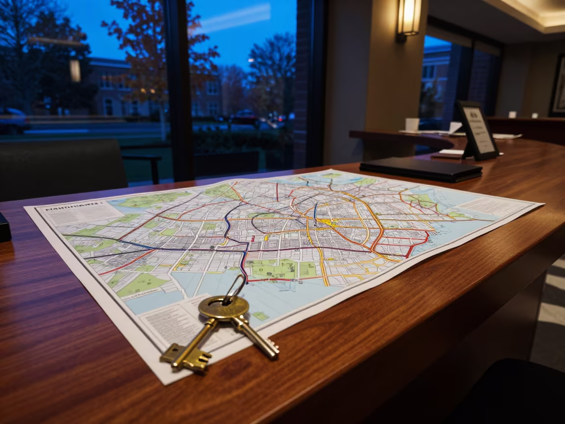 Dusk Hotel Concierge Desk Brass Keys Maps in inside a hotel lobby near Markham