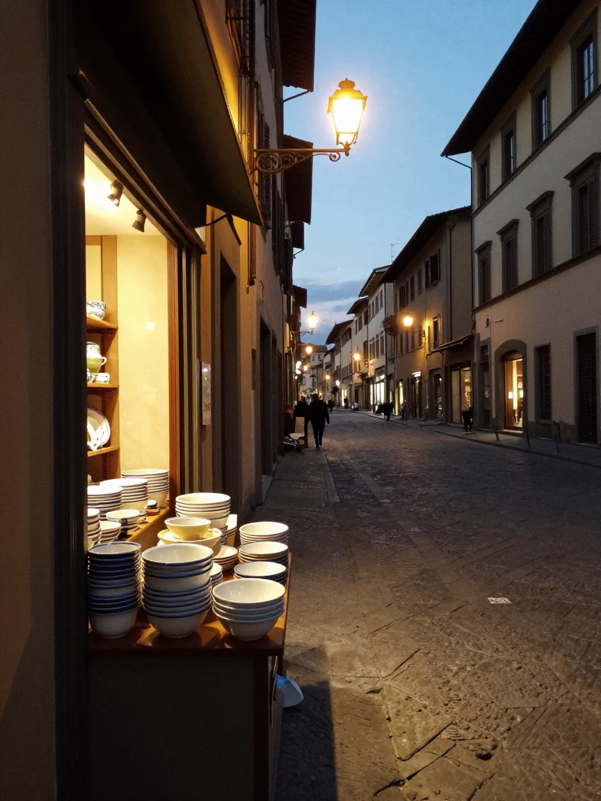 Dusk in Florence Italy Street Scene with Local Shop and Evening Ambience in in Florence, Italy