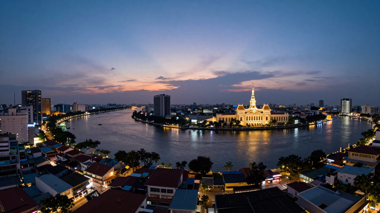 Dusk in Ho Chi Minh City in in Ho Chi Minh City, Vietnam