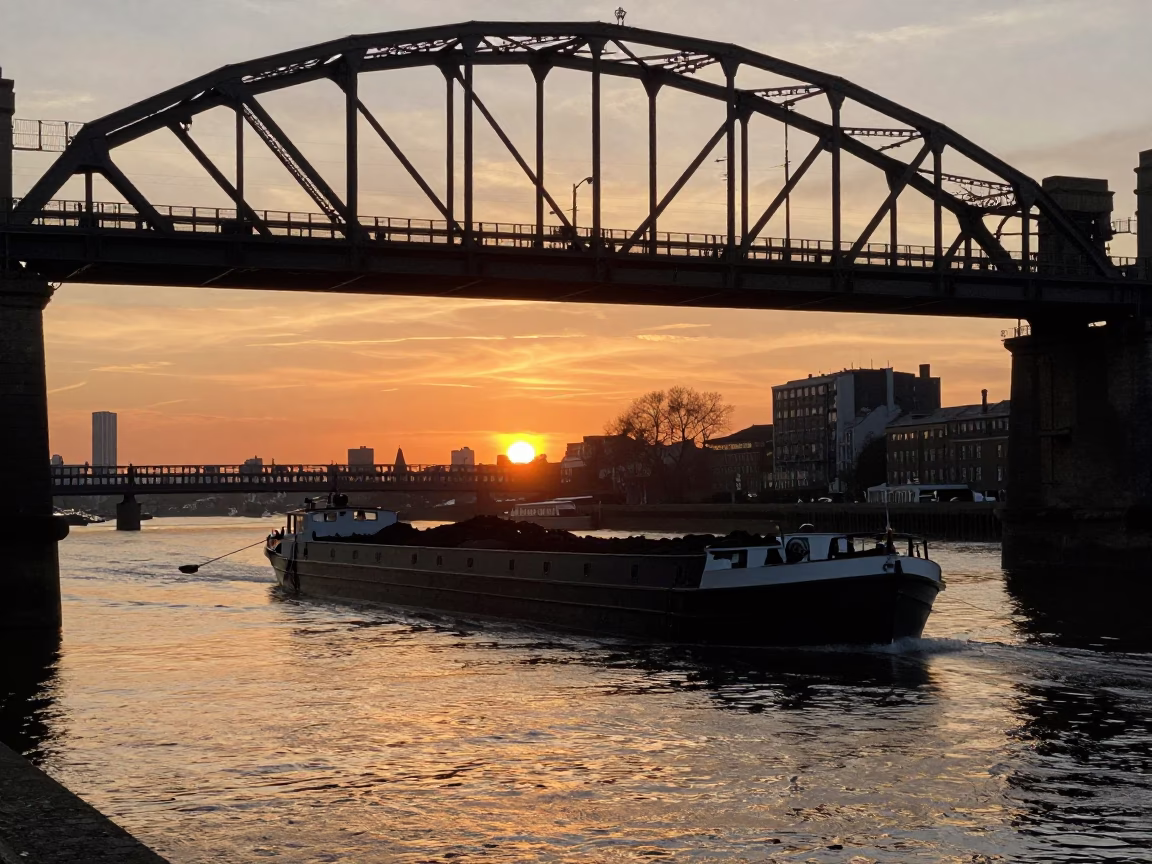 Dusk in London United Kingdom Coal Barge Under Railroad Bridge at Sunset in in London, United Kingdom
