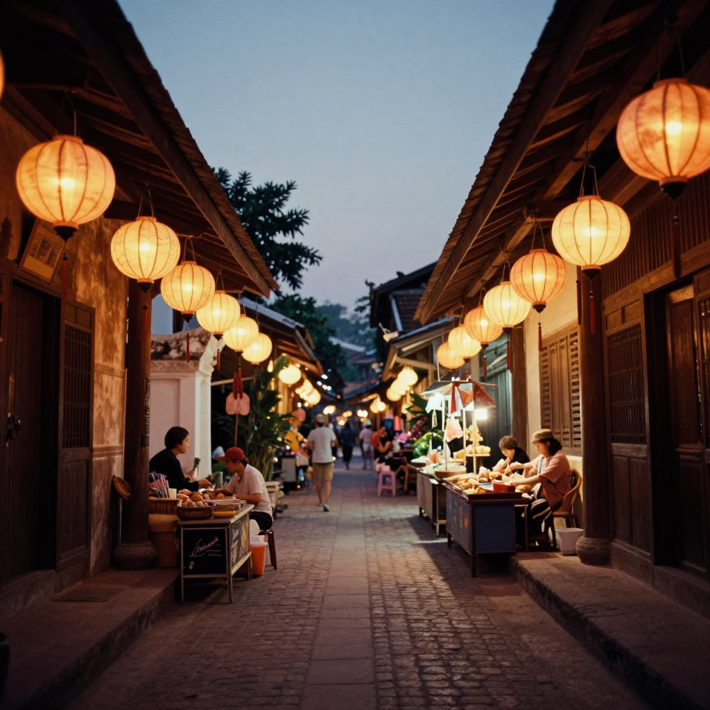 Dusk in Luang Prabang Laos Lantern Alley with Street Vendors and Temple Lights in in Luang Prabang, Laos