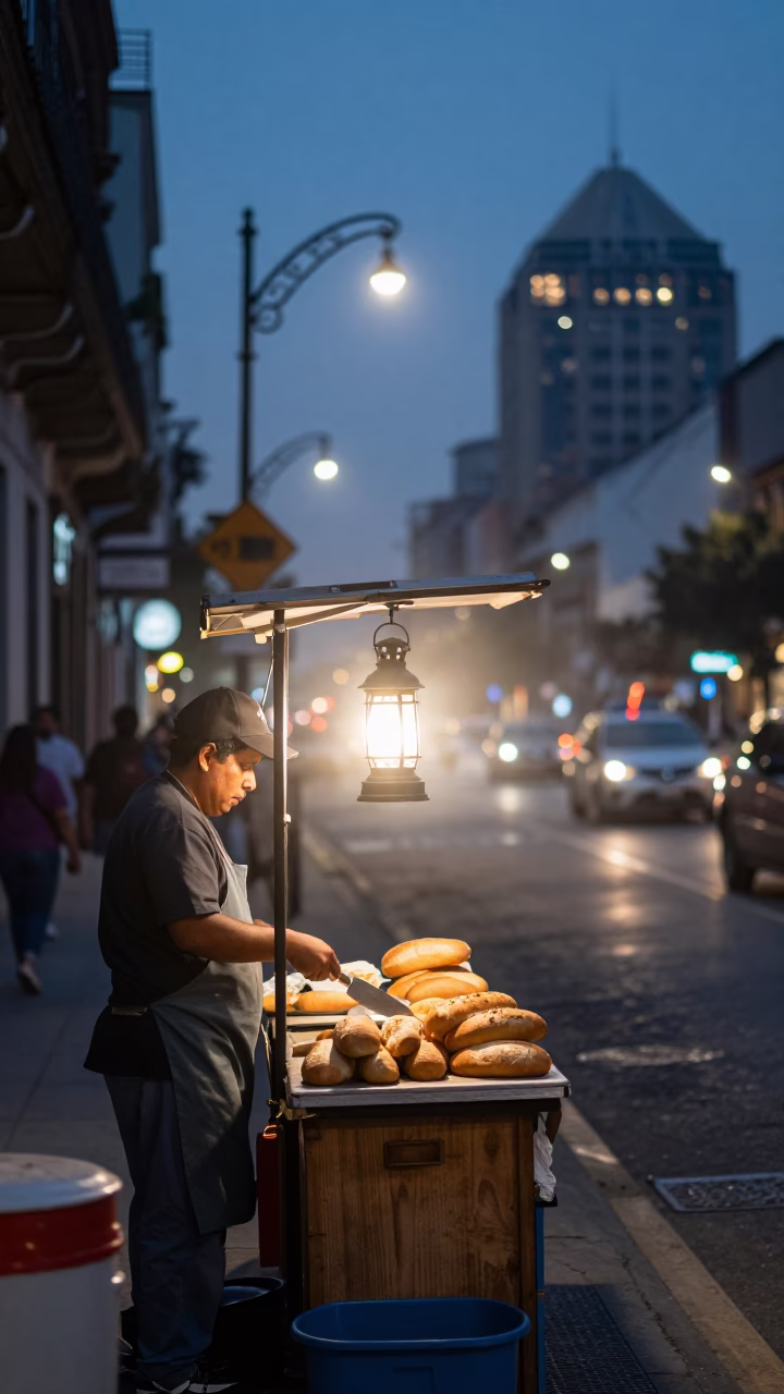 Dusk in Mexico City Street Scene with Lantern Glow and Urban Details in in Mexico City, Mexico