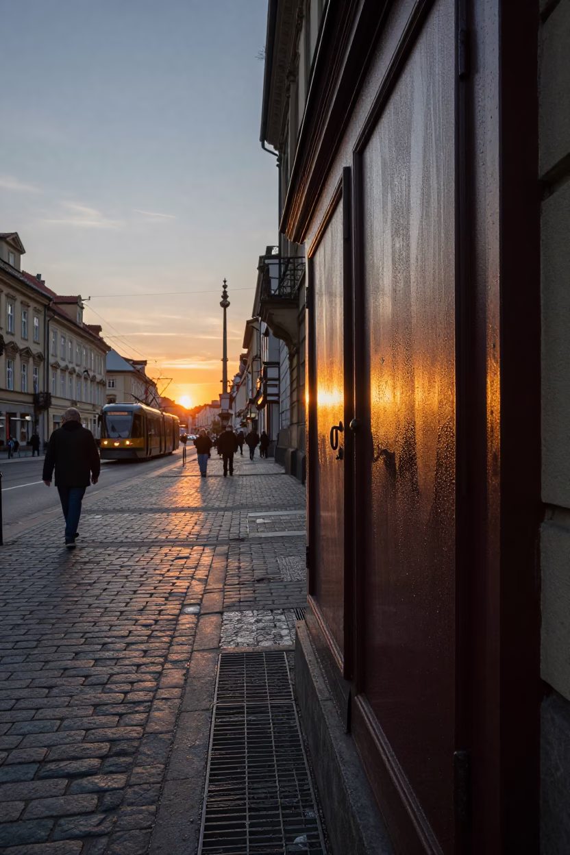 Dusk in Prague Czech Republic Street Scene with Condensation on Cabinet Door in in Prague, Czech Republic