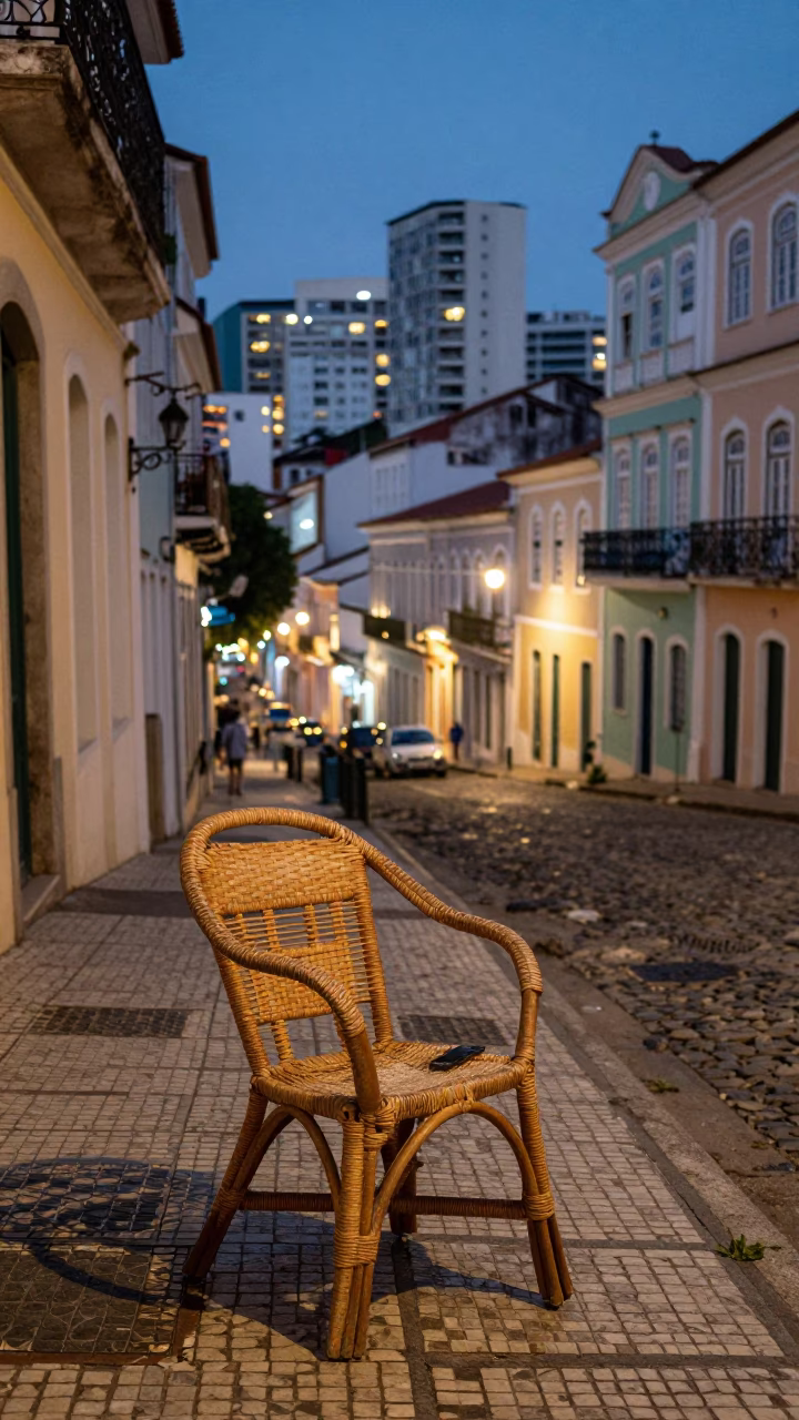 Dusk in Salvador Brazil Street Scene with Rattan Chair and City Lights in in Salvador, Brazil