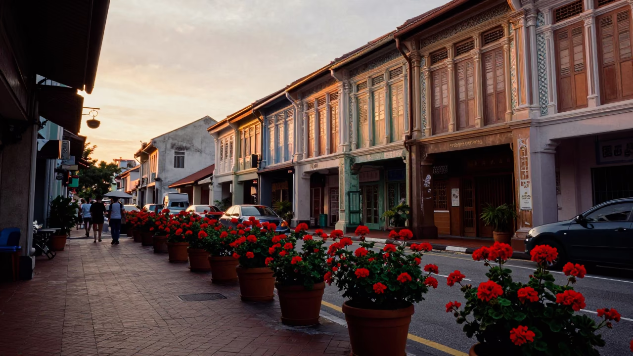 Dusk in Singapore Chinatown Street Scene with Geraniums and Traditional Architecture in in Singapore, Singapore