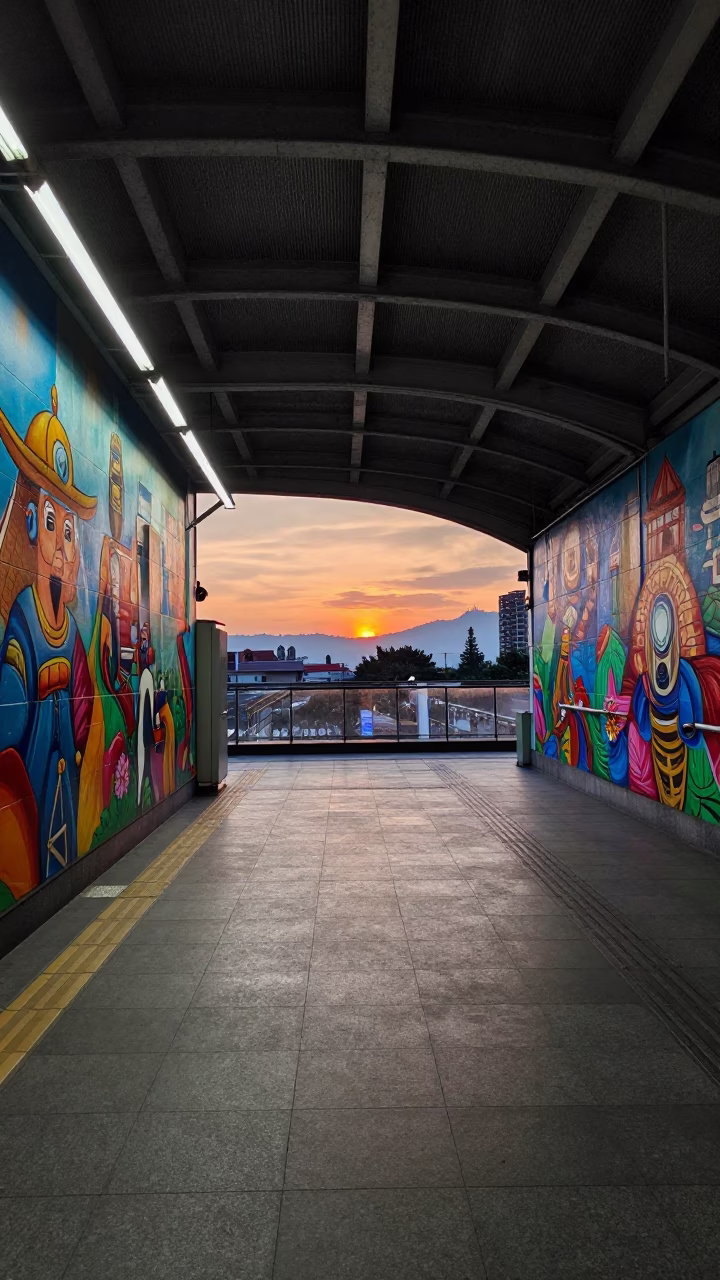 Dusk in Taipei Taiwan Metro Station with Art Adorned Walls and Arriving Train in in Taipei, Taiwan