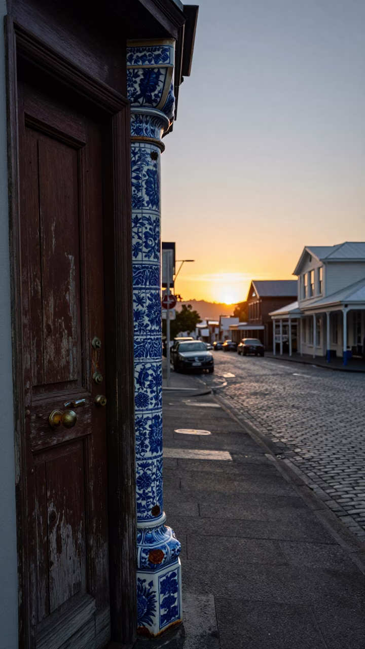 Dusk in Wellington New Zealand Street Corner with Blue Porcelain and Rusty Doorknob in in Wellington, New Zealand